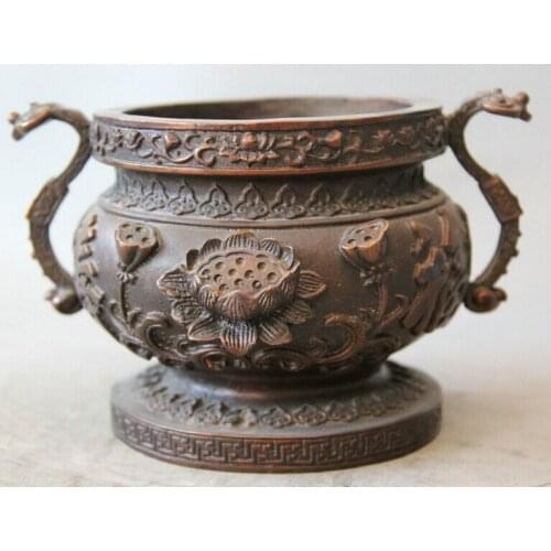 Song voge gem S2065 7" Chinese Bronze Fu Shou Ru Yi handle lotus flower root Incense Burner Censer