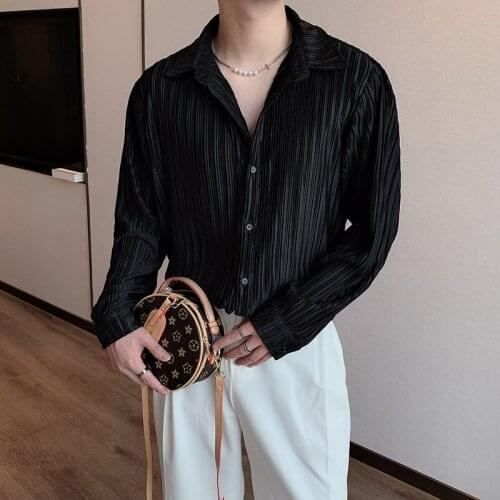 Luxury Harjuku Pleated Fabric Striped Shirt Male Punk Gothic Dress Shirts Men Vintage Designer Shirt Long Sleeve Loose Social