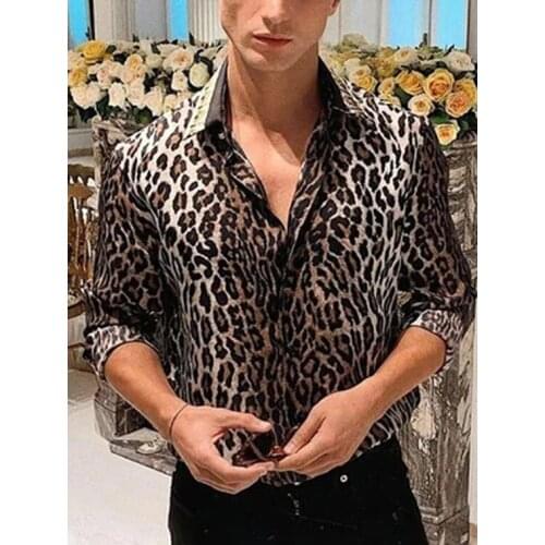 Mens New Leopard Print Long Sleeve Shirt Fashion Casual Top Luxury Men Casual Slim Fit Shirt