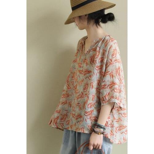 Large womens national style loose literature and art short sleeve baby shirt summer new V-neck printing versatile thin Linen