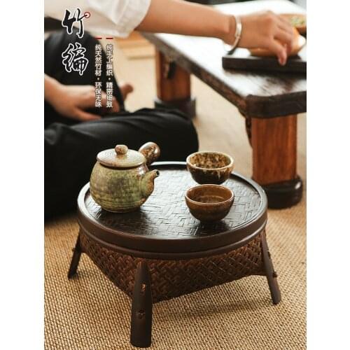 Vintage Bamboo Woven Storage Basket Tea Set with Lid round Storage Rack Coffee Table Top Snack Storage Basket
