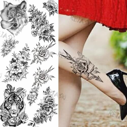 Rose Arrow Temporary Tattoos For Women Girls Tiger Compass Dahlia Wolf Fake Tattoo Sticker Charming Leg Waist Tatoo Summer Style
