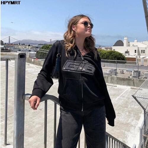 Women Hip Hop Streetwear Hooded Jacket Diamond letters Print Jacket Coat Harajuku Autumn Punk Winter Jacket Outwear Zipper Tops