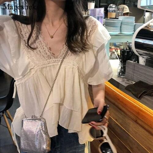 Summer Loose Lace Blouse Women Big V-neck Chiffon Blouses and Shirt Ruffle Stitching Sexy Backless Short Sleeve Top Female 15336