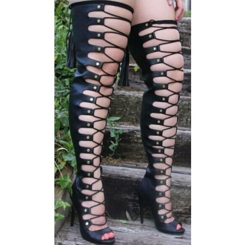 Black sexy thigh high hollow out high heel women boots elegant fish mouth lace-up nightclub boots strappy shoes woman free shipp