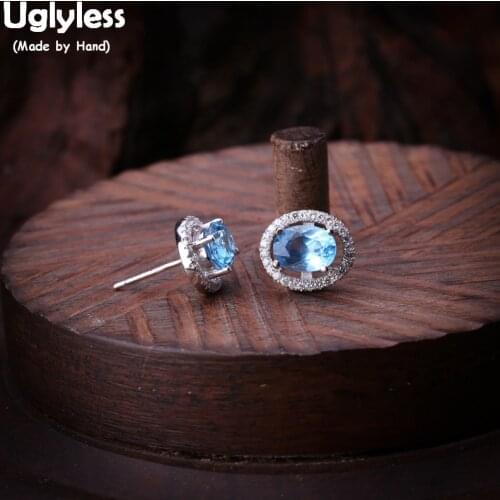 Uglyless Luxury Topaz Stud Earrings for Women Elegant Evening Dress Studs Earrings Oval Gemstone 925 Silver Brincos Bijoux E1625