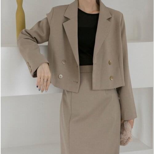 2019 Army Green Blazer Top Women Cropped Short Top V Neck Solid Double-Breasted Casual Long Sleeve Streetwear Office Work AA5130