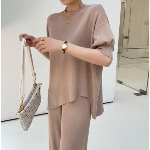 Pullover Sweater Two-Piece Suits Contracted Wide-Legged Knit Pants French Irregular Hypotenuse Loose Women Casual Set O-Neck