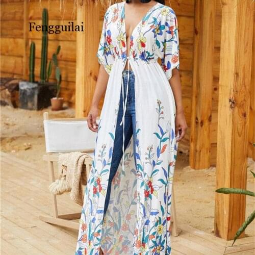 2020 Bohemian Floral Embroidered Half Sleeve Front Open Summer Beach Dress Elegant Women Beachwear Maxi Dress Robe
