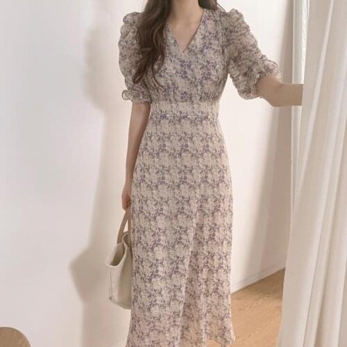 2021 Elegant Summer Dress Women Vintage Floral Print High Waist V-Neck Short Sleeve Casual Womens Party Dress Ankle-Length Robe