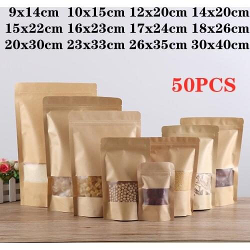 50PCS/kraft paper bag window zipper bag biscuit fruit nut gift packaging self-sealing can stand up food sealing packaging bag