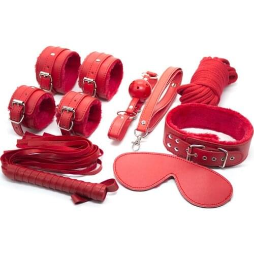 Sex Bondage Toys 7 Pieces/set PU Leather Whip hand cuff & ankle Rope Mouth Gag Blindfold ankle,algemas Sex Toys For Couples