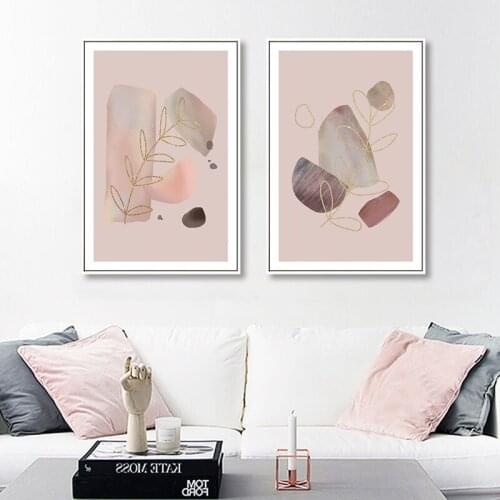 Abstract Geometric Golden Leaf Canvas Painting Scandinavian Style Wall Art Posters Prints Nordic Pink Picture Living Room Decor