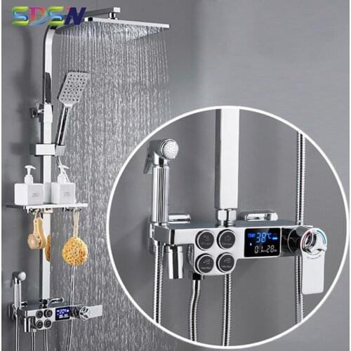 Digital Bathroom Shower Set Chrome Brass Bathroom Mixer Faucet 10 Inch ABS Shower Head Luxury Thermostatic Bath Shower Mixer Set