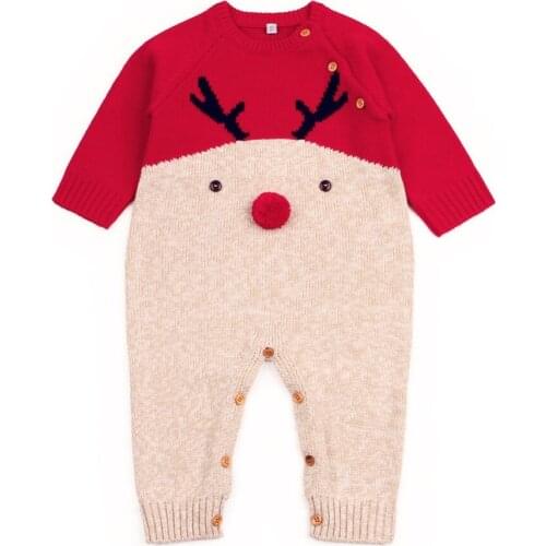 Baby Girls Rompers Cartoon Elk Knitted Toddler Boys Jumpsuits Long Sleeve Newborn Infant Outfits Button baby costume