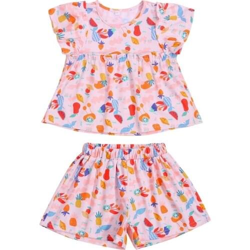 1-6Y Toddler Kids Baby Girl Fruit Print Summer Outfits Fly Sleeve T-shirt Tops Shorts Pant Bottom 2PCS Girls Clothing Set
