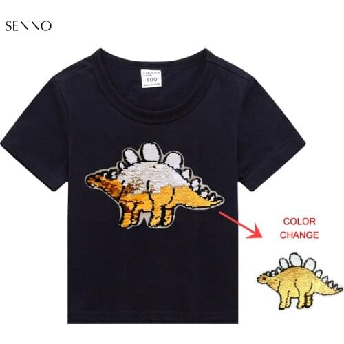 Reversible Double Sided Boys Dinosaur Sequin T Shirt For Summer Infant Kids Boys T-Shirts Clothes Cotton Toddler Tops for Boy