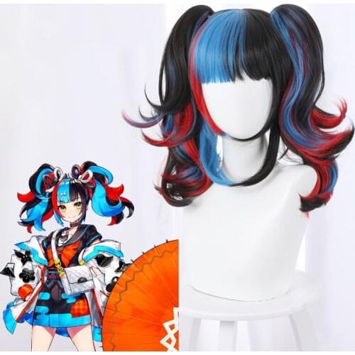 FGO Fate/Grand Order Sei Shonagon Cosplay Wig Black Blue Red Mixed Curly Heat Resistant Synthetic Hair Party Wigs + Wig Cap