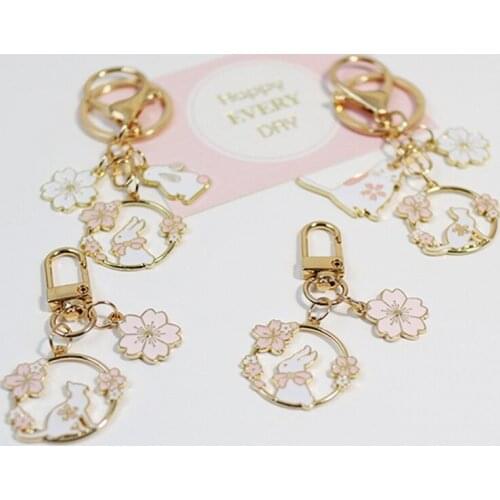Ins Style Cherry Blossom Rabbit Keychain Original Cute Pink Metal Key Ring Airpods Pendant Lady Girl Bag Ornament