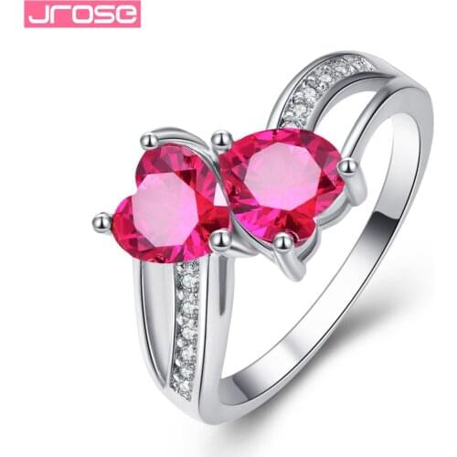 JROSE Gorgeous Fashion Romantic Heart Cut Pink Tourmaline & White Cubic Zirconia Jewelry Silver Ring Size 6 7 8 9 Fashion