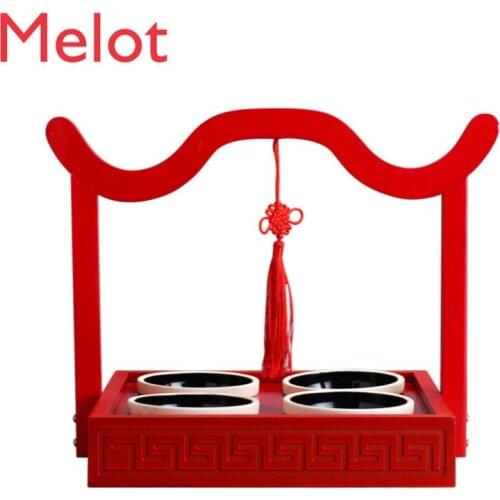 Chinese Creative Tableware Rosewood Four-Grid Portable Box Table Bamboo Tableware DinnerplatesPlates Ceramic