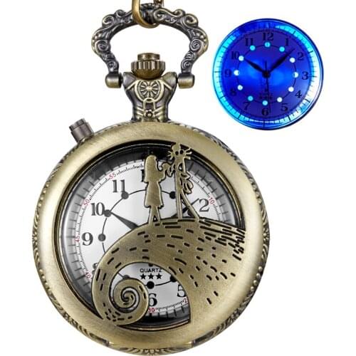 The Nightmare Before Christmas Luminous Blue Led Flash Necklace Vintage Clock Unique Bronze Noctilucent Quartz Pocket Watch