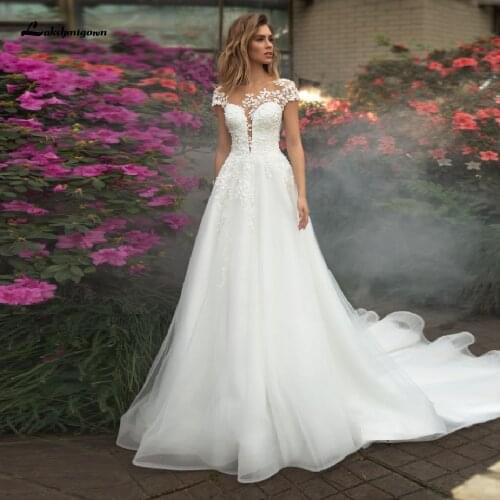 Lashmigown Vestido Sexy Bridal Wedding Dresses Abiti Donna Lace Flowers Elegant Boho Tulle Wedding Gowns 2021 Cap Short Sleeves