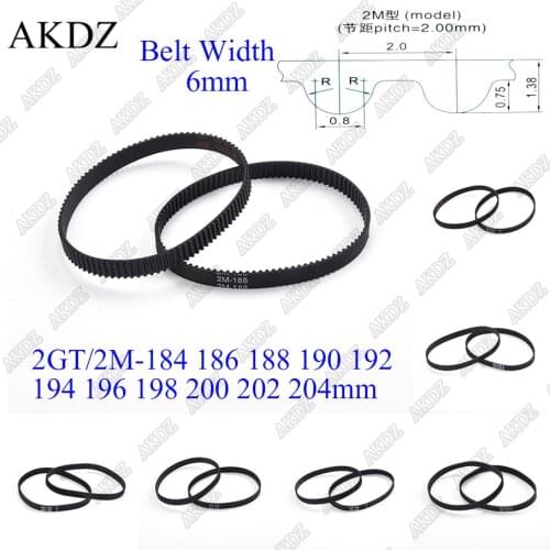 2MGT 2M 2GT Synchronous Timing belt Pitch length 184 186 188 190 192 194 196 198 200 202 204 width 6mm Rubber closed