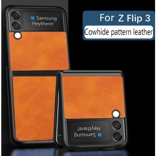 Cowhide Pattern Leather Fold Case For Samsung Galaxy Z Flip 3 Flip3 Protector Shell para Cover Coque for samsung zflip 3 zflip3