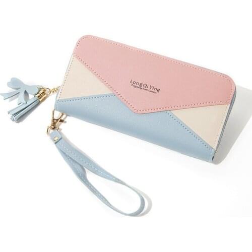 Women Wallets Color Contrast Long Envelope Tassel Wristband Female Pu Leather Phone Bag Coin Purses Ladies Multi-card Holder