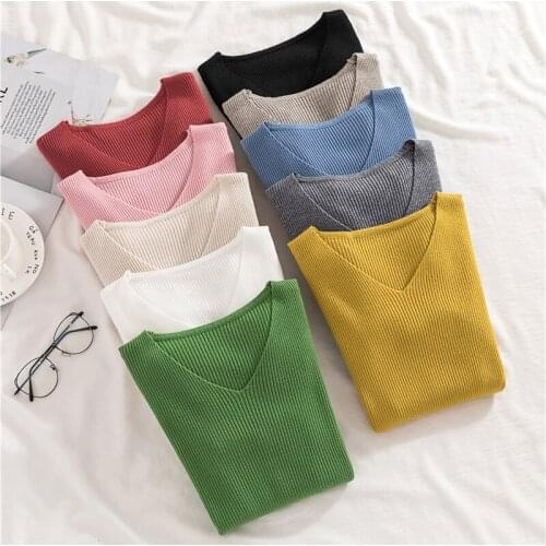 2020 Autumn Women Sweaters Korean Chic Simple V-neck Knitted Jumpers Female Elastic Soft Cotton Pullovers Outwear Crocheted Tops