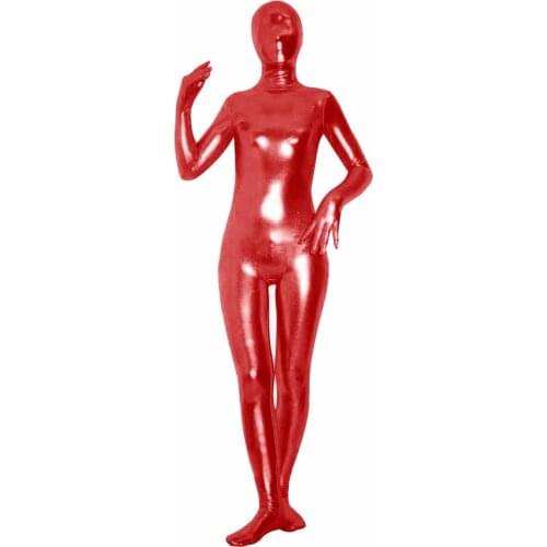 Womens Lycra Shiny Metallic Zentai Suit Zip One Piece Full Hood Bodysuits Wet Look Spandex Catsuits Halloween Cosplay Costumes