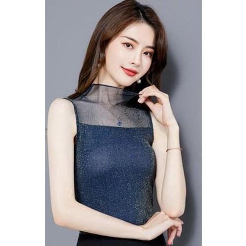Summer New Vest Women Korean Style Sleeveless Half high Collar Blouses Net Yarn Bright Silk Shirts Blusas Tops MM0938