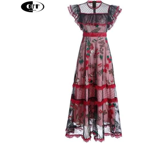 Runway Designer embroidered maxi dress woman mesh ruffles butterfly party night lace up long dresses women vestidos robes female
