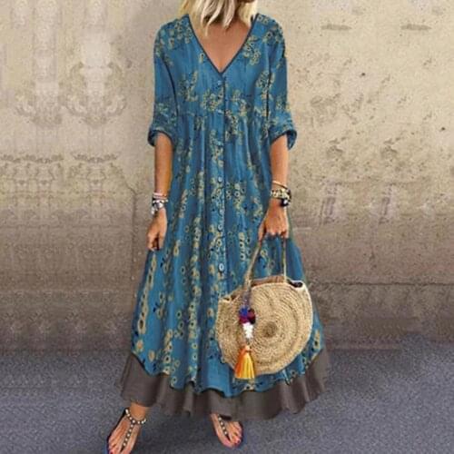 Long Dress Women Vintage Flroal Printed Cotton Dress V Neck Three Quarter Sleeve Casual Plus Size Vocation Style Dress Vestidos
