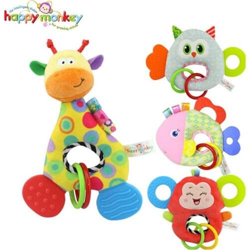 0-3 Years Old Baby Rattles Hand Bell Toy Owl Fish Giraffe Monkey Animals Plush Baby Rattle Happy Monkey Gift Cradle Infant Toys