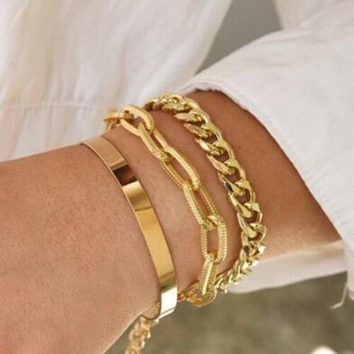 3Pcs/Set Multilayer Thick Cuban Chain Bracelet for Women Hip Hop Punk Charm Gold Silver Color Bangles Bracelet Fashion Jewelry