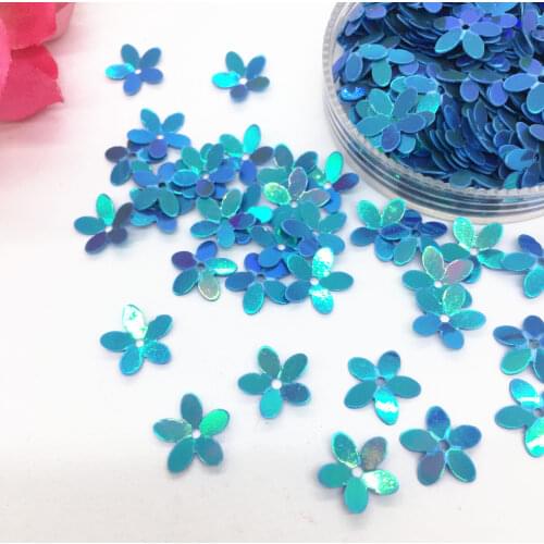 30g/lot PVC Sequins 10mm Flower With 1 Center Hole Plum Blossom Cup Loose Paillettes Middle Blue AB
