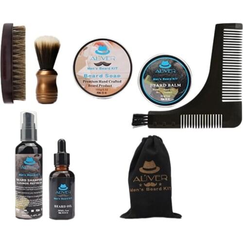 ALIVER Beard Grooming Beard Growth Kit with Bristle Brush Beard Mustache Wax Beard Growth Oil Comb Shampoo Beard Care Set