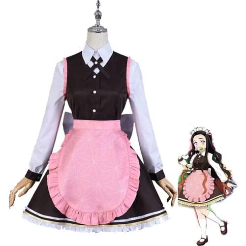 Anime Demon Slayer Kimetsu no Yaiba Kamado Nezuko Women Maid Lolita Dress Uniforms Cosplay Costumes for Halloween Carnival Party