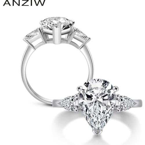 ANZIW Wholesale 4.5 Carat Pear Cut Sona Ring Three Stones Solid 925 Sterling Silver Bridal Wedding Engagement Ring Girl Gifts