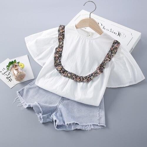 2-7 Years High Quality Summer Girl Clothing Set 2021 New Fashion Casual Floral Shirt + Denim Pants Kid Children Girls Clothing