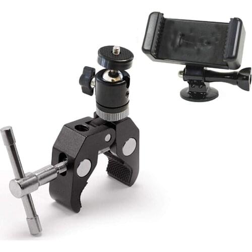 Crab Clamp Mount with 1/4 and 3/8 Thread Hole and Ball Head, GoPro Adapter and Cellphone Holder for DSLR, GoPro, Smartphone