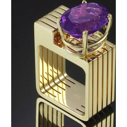 Milangirl Lighter Shape Men Ring Purple Crystal Zircon Yellow Gold Color Ring Wedding Jewelry Promise Engagement Women Rings