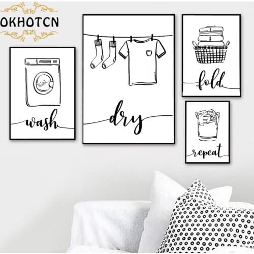 Wall Art Print Canvas Painting Nordic Poster Wash Dry Fold Repeat Laundry Sign Modular Black White Pictures Bathroom Home Decor