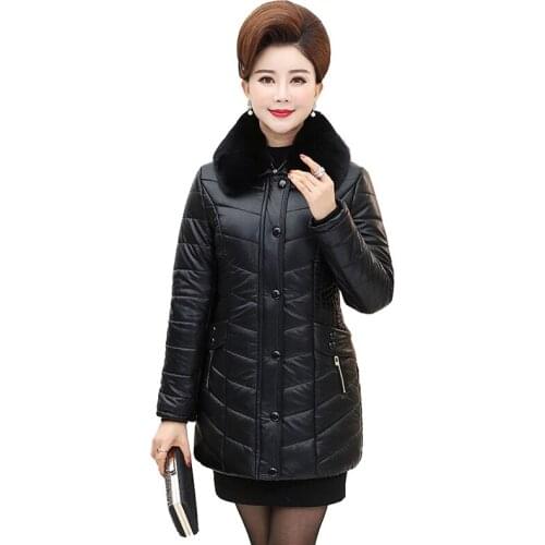 2019 New Middle aged female Winter PU leather Coat Thicken Cotton Parkas Women Plus size 5XL Fur collar Down cotton Jacket G593