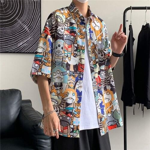 Casual Short Sleeve Shirt Male Loose Beach Half-sleeved Shirts Thin Hip-hop Streetwear Coat Men’s Clothes Printed Graffiti Tops