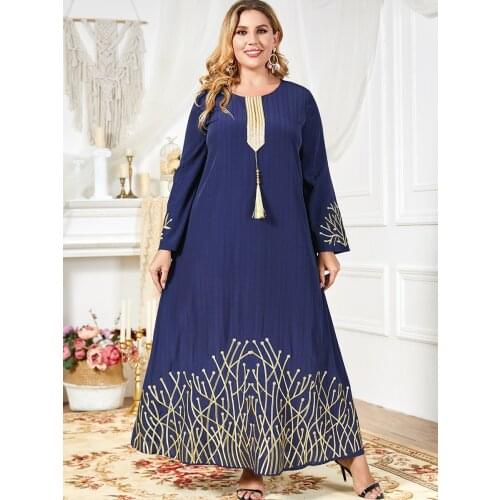 Luxury Kaftan Long Dress Plus Size Women Blue Arab Muslim Fashion Gold Embroidery Plus Size Ruched Dress