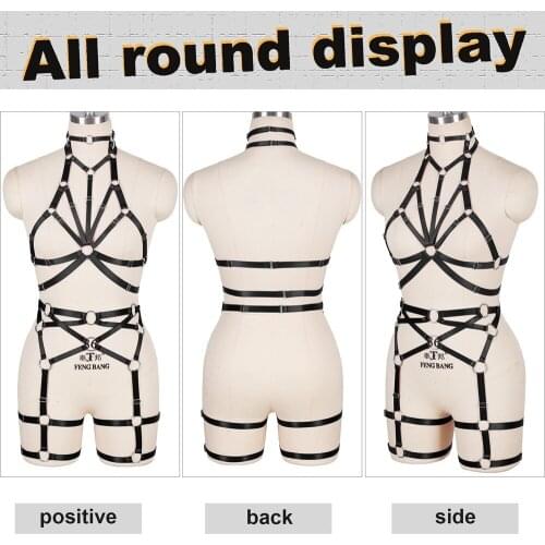 Sexy Women Bdsm Erotic Lingerie Body Bondage 2pc Harness Set Full Body Cage Bra Suspender Stockings Garter Belt Rave Costume