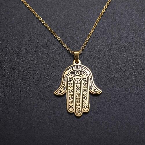 Skyrim Hamesh Hamsa Hand Pendant Necklace Evil Eye Stainless Steel Choker Chain Necklaces Amulet Jewish Jewelry for Women Men
